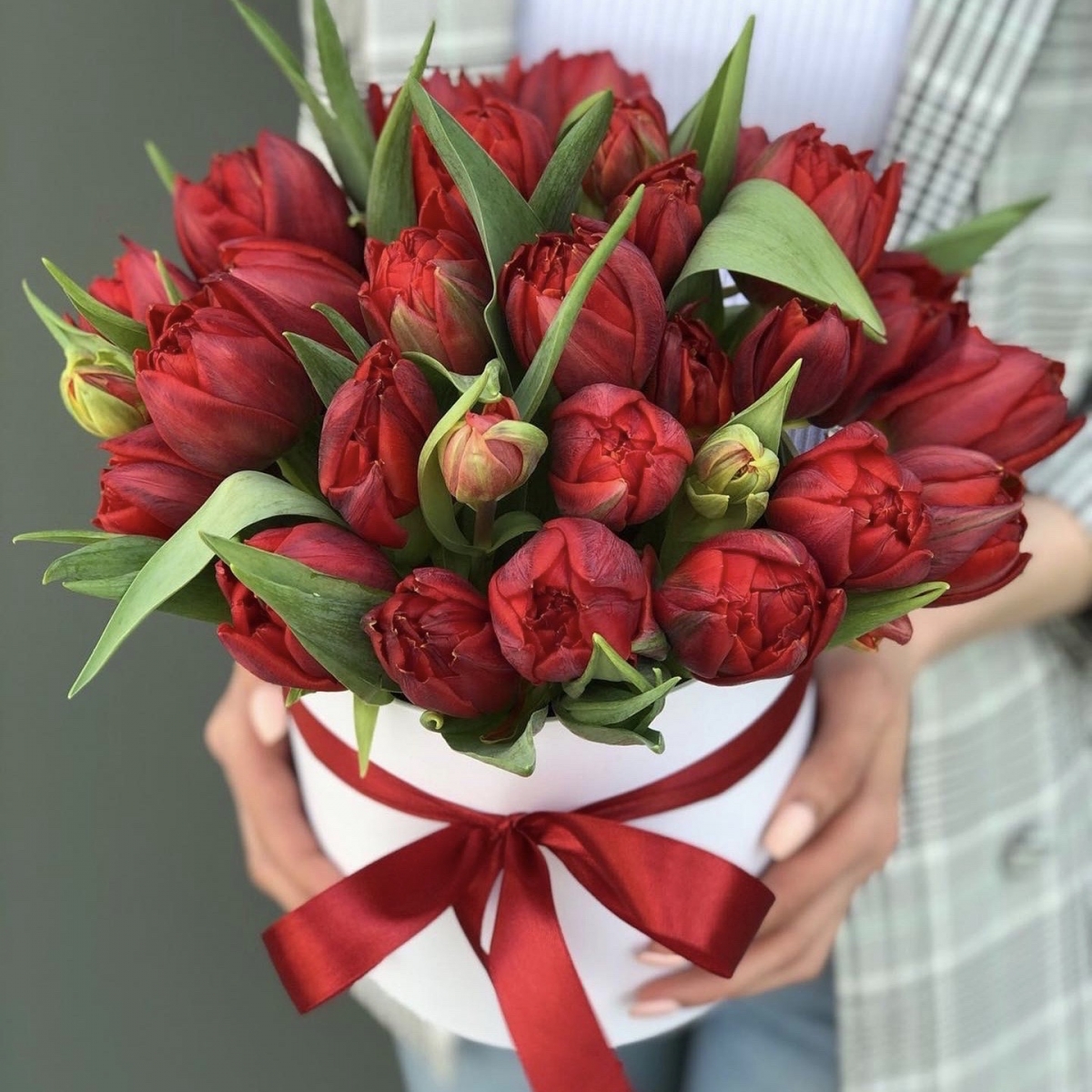 Коробка красных тюльпанов Камила