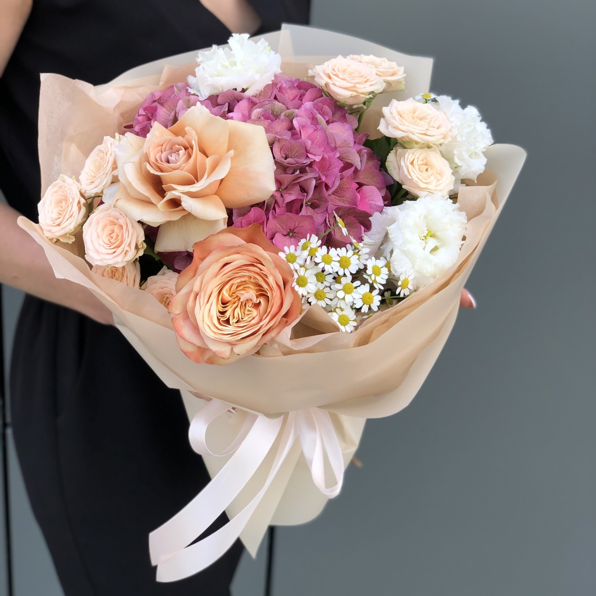 Букет Альянс Мини из гортензии, танацетума, кустовых роз , роз кахалы и брют