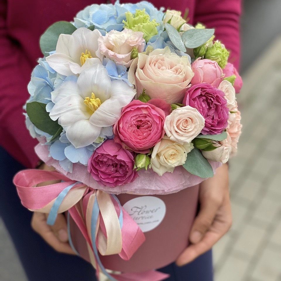 Коробка из гортензии, роз и эустомы Амазонка